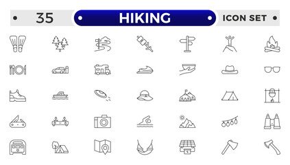 Hiking icons of outdoor survival: tent icon, backpack badge, hiking boots tag, survival map file, campfire board, mountain chart, adventure bubble, wilderness symbol.