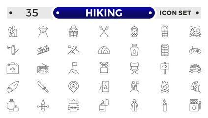 Hiking icons of outdoor survival: tent icon, backpack badge, hiking boots tag, survival map file, campfire board, mountain chart, adventure bubble, wilderness symbol.