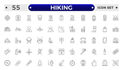 Hiking icons of outdoor survival: tent icon, backpack badge, hiking boots tag, survival map file, campfire board, mountain chart, adventure bubble, wilderness symbol.
