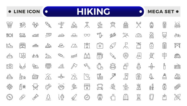 Hiking icons of outdoor survival: tent icon, backpack badge, hiking boots tag, survival map file, campfire board, mountain chart, adventure bubble, wilderness symbol.
