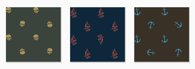 Set of hand drawn nautical printable seamless patterns. Skull, anchor, boat seamless pattern ideas for men shirting, wall paper, home decor, background. Vector illustration.