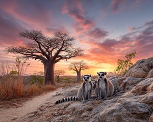Lemurs at sunset, African landscape