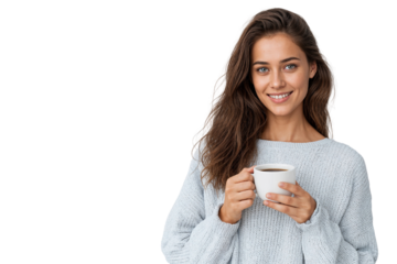 Young woman in cozy sweater holding a cup of coffee or tea, isolated on transparent background, expressing warmth, relaxation, and comfort