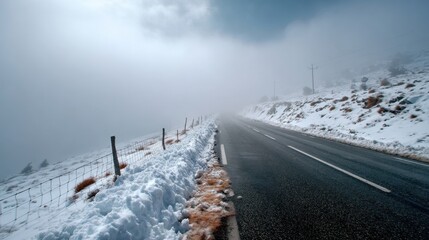 "Ethereal Winter Landscape: Snowy Road Vanishing into Mystical White Fog with Solitary Tree in Serene Wilderness"
