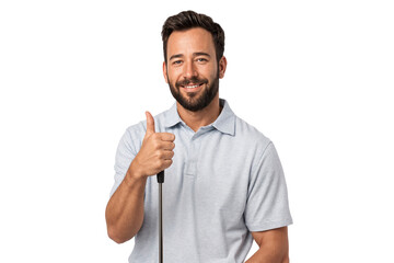 Smiling man in casual polo shirt holding a golf club and giving a thumbs up gesture, isolated on transparent background