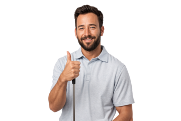 Smiling man in casual polo shirt holding a golf club and giving a thumbs up gesture, isolated on transparent background