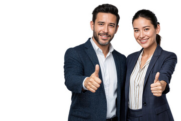 Business partners in formal suits smiling and giving thumbs up, symbolizing success, teamwork, and trust in professional collaboration. Isolated on white background