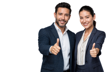 Business partners in formal suits smiling and giving thumbs up, symbolizing success, teamwork, and trust in professional collaboration. Isolated on white background