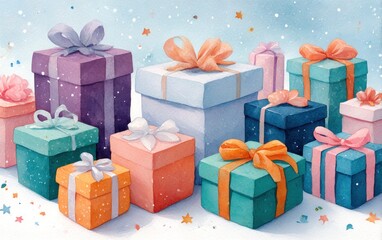 Pastel gift boxes in a snowy scene