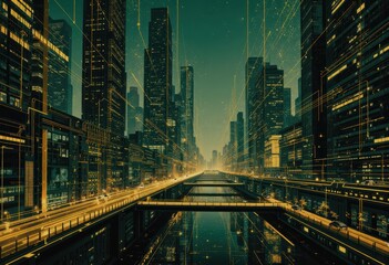 Obraz premium Digital circuit board lines in gold illuminating a futuristic cityscape