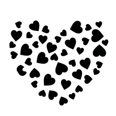 Fototapeta premium Silhouette of scattered black candy hearts on white background, love symbolism