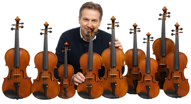 A skilled musician showcases a collection of finely crafted violins, highlighting their beauty and craftsmanship in a studio setting