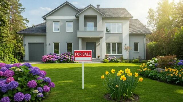 Modern house with "For Sale" sign in a well-maintained yard