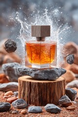 Perfume bottle on rocks