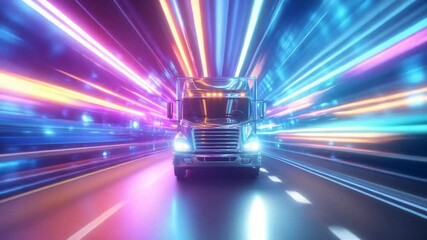 Futuristic truck speeding through a neon tunnel, transportation and technology concept - Powered by Adobe