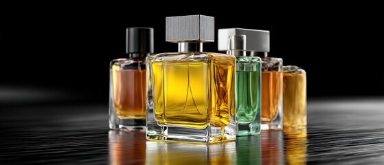 Perfume bottles in various colors on a dark surface