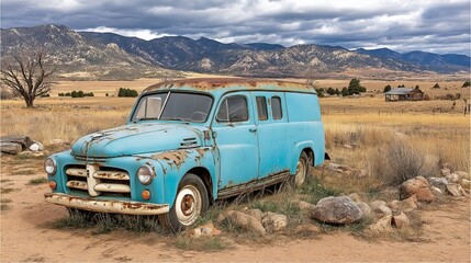 Abandoned vintage blue truck in a rural landscape with mountains and cloudy sky