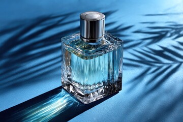 Perfume bottle on blue surface with shadows