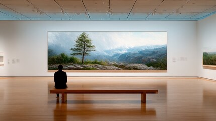 Person contemplates large painting in museum