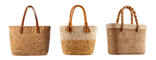 Three stylish straw tote bags.