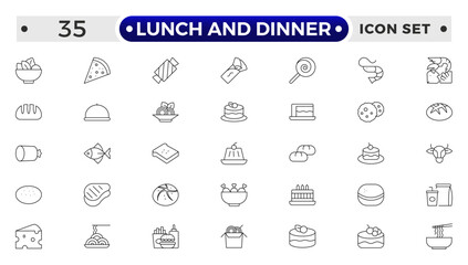 Lunch and Dinner Outline icon collection. Meal icon set. Containing food, lunch, eat, dinner, pasta, rice, pizza, salad, soup, breakfast and more.