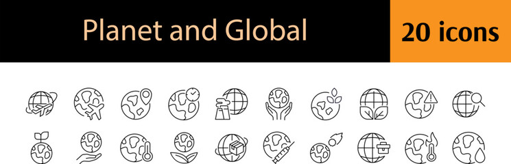 Bundle of Global Related Line Icons. Leaves, Plane, Eco Outline Signs for Graphic and Web Design, Apps, Adverts, Various Cards