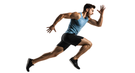 Athletic man sprinting in a dynamic pose, showcasing speed and strength against a neutral background, ideal for fitness themes