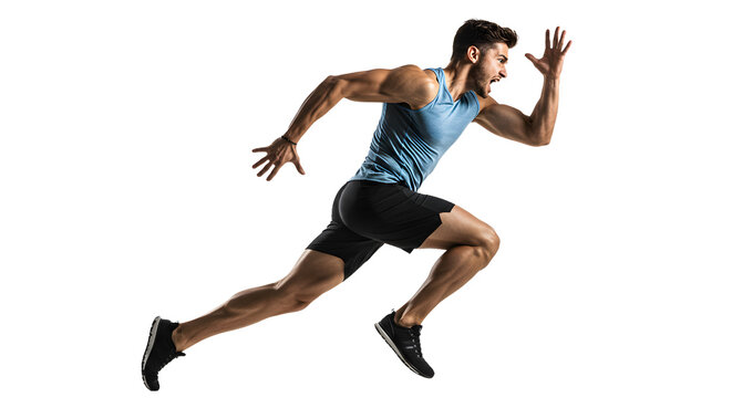 Athletic man sprinting in a dynamic pose, showcasing speed and strength against a neutral background, ideal for fitness themes