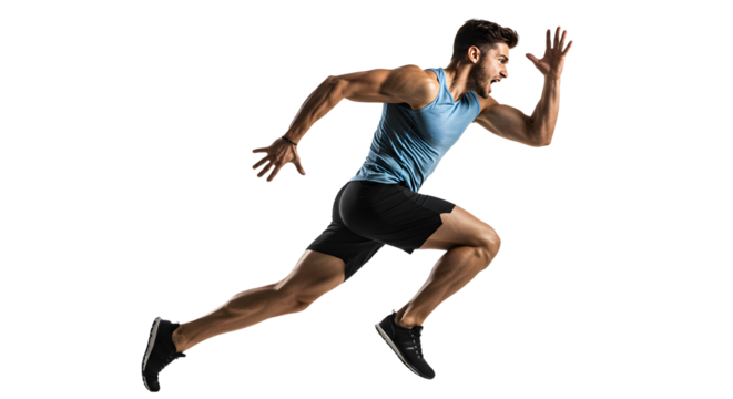 Athletic man sprinting in a dynamic pose, showcasing speed and strength against a neutral background, ideal for fitness themes
