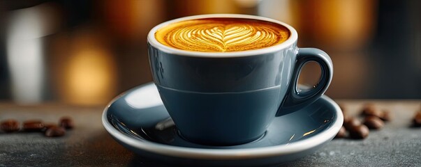 Early espresso with coffee props and caffeine kick concept. A beautifully crafted latte with intricate foam art.