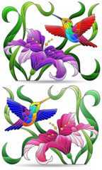 A set of stained glass illustrations with hummingbird birds and lily flowers, isolated compositions on a white background