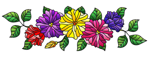 A stained glass illustration with floral arrangement , isolated on a white background