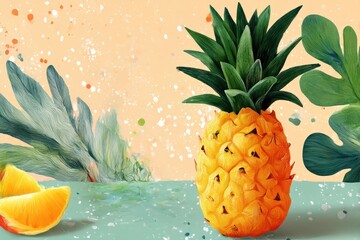 Pineapple and orange on pastel backdrop