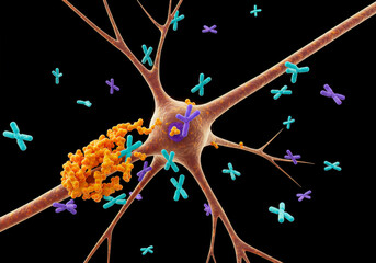 Antibodies binding to neuron in 3D rendering, representing autoimmune neurological diseases like multiple sclerosis or Guillain-Barré