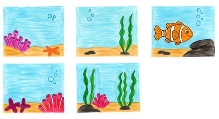 Naklejka premium Colorful underwater scene featuring a clownfish swimming among vibrant corals and seaweed, with bubbles rising in the background