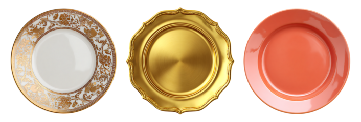 Three elegant plates, gold, white, coral. Perfect for wedding, party, or restaurant decor.