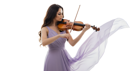 Elegant woman in a flowing lavender dress playing the violin, with a soft focus background enhancing the artistic atmosphere