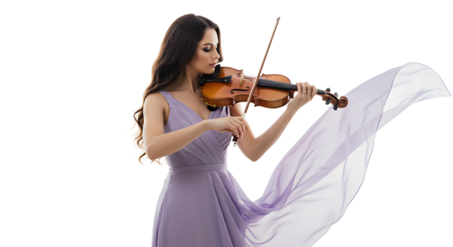 Elegant woman in a flowing lavender dress playing the violin, with a soft focus background enhancing the artistic atmosphere