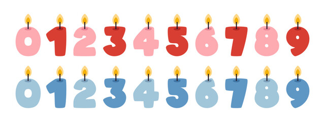 Vector set of funny numbers candles. Cute candlelights shaped like numbers collection. Set of burning birthday cake candles in flat design. Age year candles for baby boy or girl.