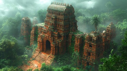 Ancient temple architecture in a lush green jungle, evoking a sense of mystery and history