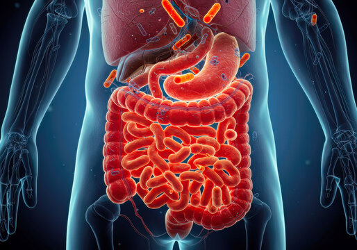 Detailed 3D rendering of microbiome bacteria, symbiotic microorganisms naturally inhabiting skin, gut and mucous membranes