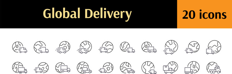 Pack of Delivery and Transport Related Line Icons. Delivery Truck by Planet Outline Signs for Graphic and Web Design, Apps, Adverts, Various Cards
