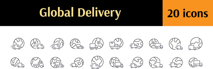 Delivery and Transport Line Icon Bundle. Delivery Truck by Planet Outline Signs for Graphic and Web Design, Apps, Adverts, Various Cards