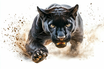 Black panther in full sprint, leaping aggressively with claws forward, concept of speed, strength and predator instinct
