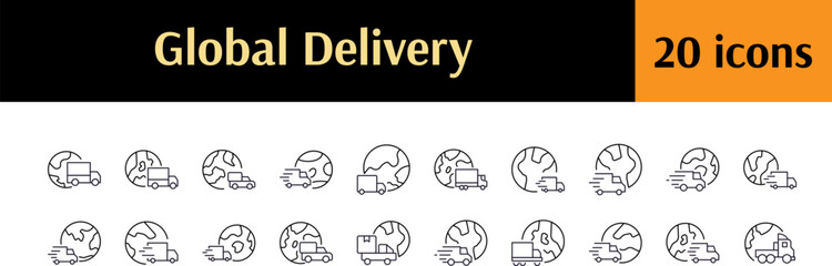 Delivery and Transport Thin Line Icon Set. Delivery Truck by Planet Outline Signs for Graphic and Web Design, Apps, Adverts, Various Cards