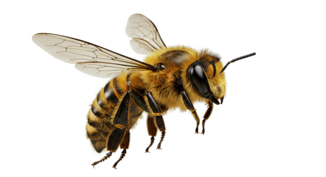 A highly detailed 3D render of a flying honey bee, isolated on a transparent background. This macro-style illustration captures the natural fuzz, intricate wing structure, and vibrant yellow-black bod