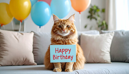 Ginger Cat Holding Happy Birthday Sign on Gray Couch with Colorful Balloons