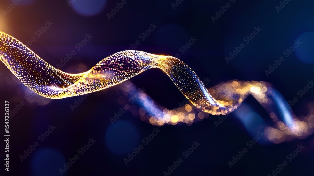 Poster glowing golden and purple particle wave flowing on dark background with bokeh effect, creating dynam