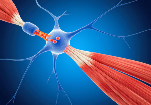 3D rendered neuromuscular junction detail, motor neuron communicating with skeletal muscle, affected by toxins and neurological disorders
