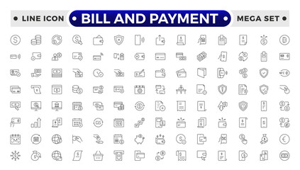 Bill and Payment Outline icon set. Containing finance related icons. bill, receipt, invoice, document, atm, cash, cryptocurrency, blockchain, banking, payments.
